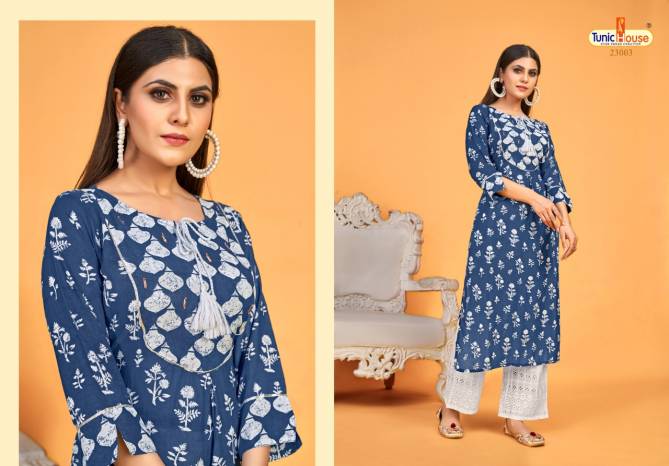 Tunic House Blue Sky Fancy Ethnic Wear Printed Kurti With Bottom Collection
